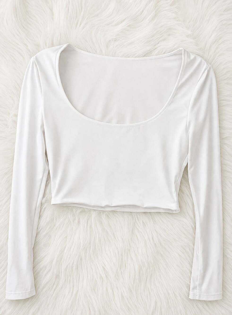 SHEIN White Long Sleeve Crop Top Medium Scoop Neck Y2K Soft Girl Basic Stretch - Picture 1 of 1